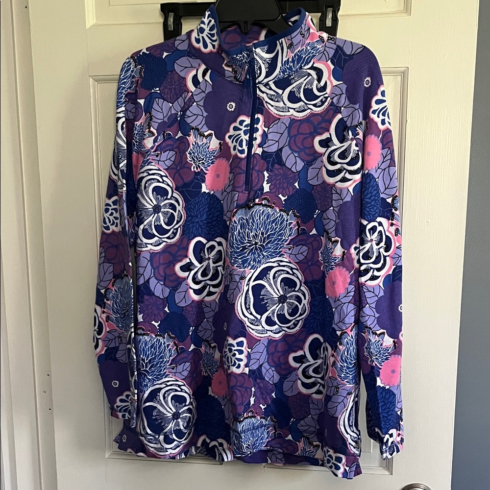 T by Talbots Purple and Pink Floral Quarter-Zip Pullover